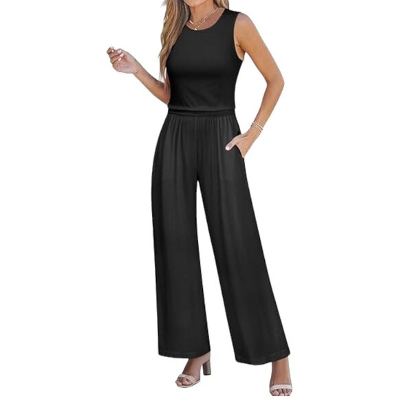 Nlife Tank Top Sleeveless Flare Jumpsuit with Pockets In‎ Black - Size XL - Picture 1 of 8